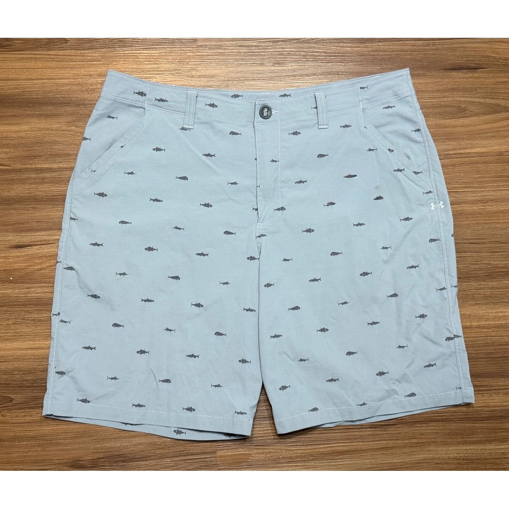 Under Armour HeatGear Mens Fish Hunter AOP Performance Shorts Blue Grey Size 38